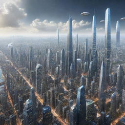 Visualize an extremely advanced cityscape in the year 4000, illustrating technologies far beyond our present comprehension, floating cities, space elevators and human interactions with highly evolved AI