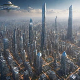 Visualize an extremely advanced cityscape in the year 4000, illustrating technologies far beyond our present comprehension, floating cities, space elevators and human interactions with highly evolved AI