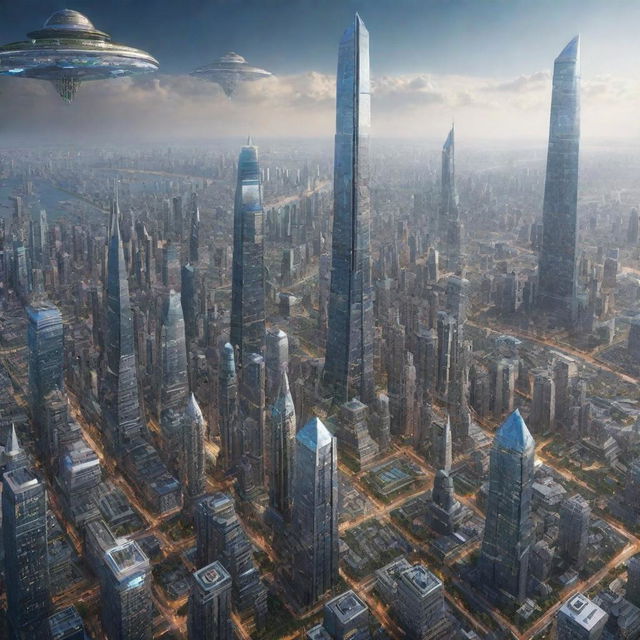 Visualize an extremely advanced cityscape in the year 4000, illustrating technologies far beyond our present comprehension, floating cities, space elevators and human interactions with highly evolved AI