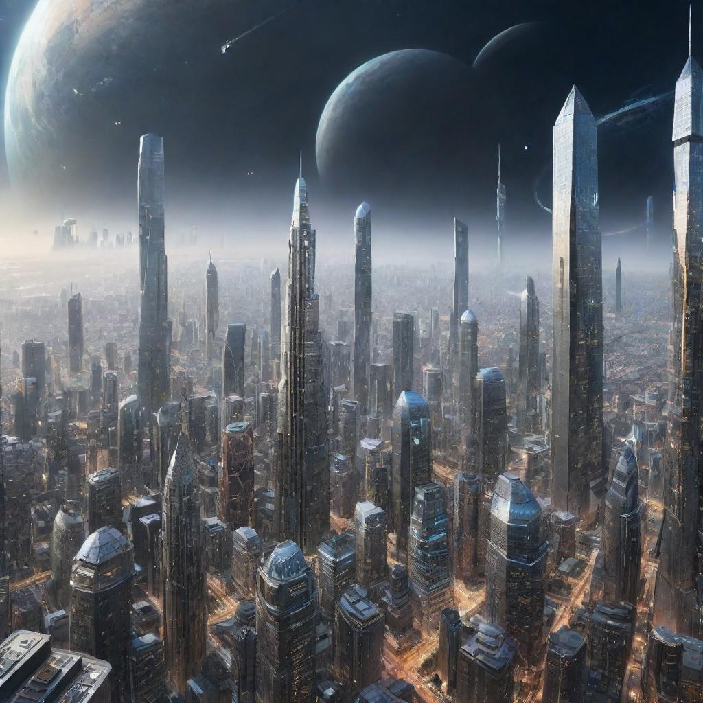 Imagine a city in the year 5000, showcasing inconceivably advanced technologies, cityscapes floating in space, interstellar travel, and humans living harmoniously with highly sophisticated AI