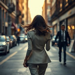 A captivating scene featuring a woman from the back, unaware she is being chased