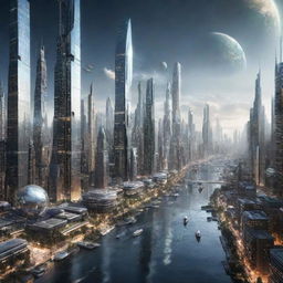 Imagine a city in the year 5000, showcasing inconceivably advanced technologies, cityscapes floating in space, interstellar travel, and humans living harmoniously with highly sophisticated AI