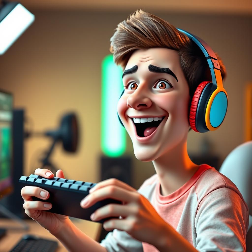 A 3D realistic caricature portrait of a young person wearing headphones, enthusiastically holding a keyboard and a mouse