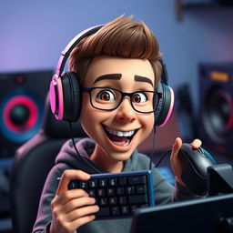 A 3D realistic caricature portrait of a young person wearing headphones, enthusiastically holding a keyboard and a mouse