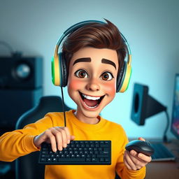 A 3D realistic caricature portrait of a young person wearing headphones, enthusiastically holding a keyboard and a mouse