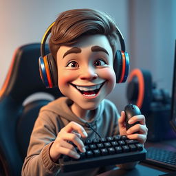 A 3D realistic caricature portrait of a young person wearing headphones, enthusiastically holding a keyboard and a mouse