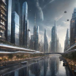 Imagine a city in the year 5000, showcasing inconceivably advanced technologies, cityscapes floating in space, interstellar travel, and humans living harmoniously with highly sophisticated AI