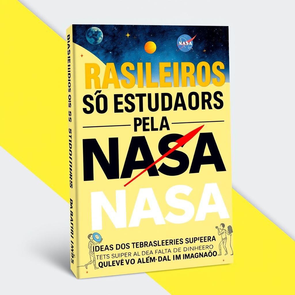 A striking book cover for 'BRASILEIROS SÃO ESTUDADOS PELA NASA' featuring an eye-catching design that reflects innovation and creativity