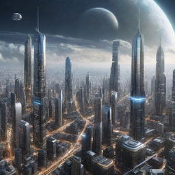 Imagine a city in the year 5000, showcasing inconceivably advanced technologies, cityscapes floating in space, interstellar travel, and humans living harmoniously with highly sophisticated AI