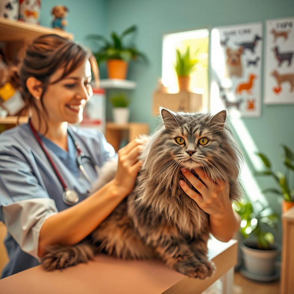 A cozy veterinary clinic scene featuring a fluffy gray cat being gently examined by a caring veterinarian