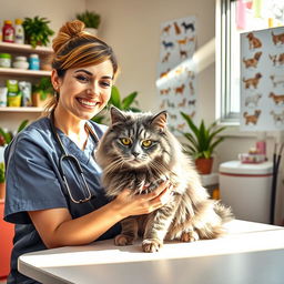 A cozy veterinary clinic scene featuring a fluffy gray cat being gently examined by a caring veterinarian