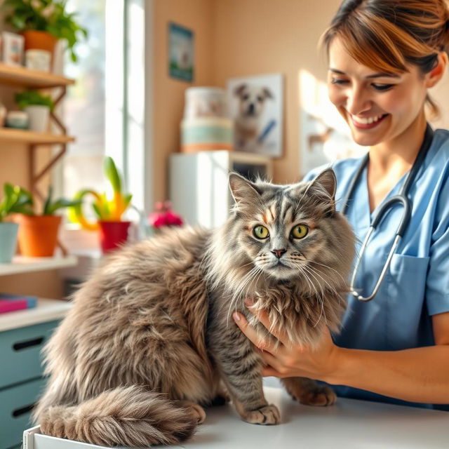 A cozy veterinary clinic scene featuring a fluffy gray cat being gently examined by a caring veterinarian