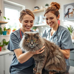 A cozy veterinary clinic scene featuring a fluffy gray cat being gently examined by a caring veterinarian