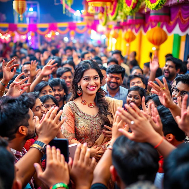 A crowded scene at a vibrant festival, showcasing a diverse group of enthusiastic fans excitedly reaching out towards an enchanting Bollywood actress, Kriti Sanon, who is smiling radiantly in the center