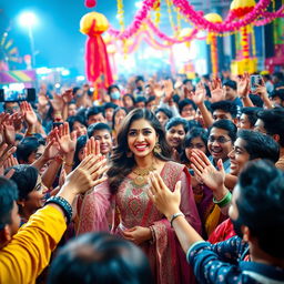 A crowded scene at a vibrant festival, showcasing a diverse group of enthusiastic fans excitedly reaching out towards an enchanting Bollywood actress, Kriti Sanon, who is smiling radiantly in the center