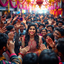 A crowded scene at a vibrant festival, showcasing a diverse group of enthusiastic fans excitedly reaching out towards an enchanting Bollywood actress, Kriti Sanon, who is smiling radiantly in the center