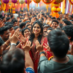 A crowded scene at a vibrant festival, showcasing a diverse group of enthusiastic fans excitedly reaching out towards an enchanting Bollywood actress, Kriti Sanon, who is smiling radiantly in the center