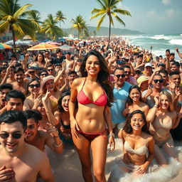 A lively beach scene filled with a diverse crowd of excited fans enjoying a sunny day