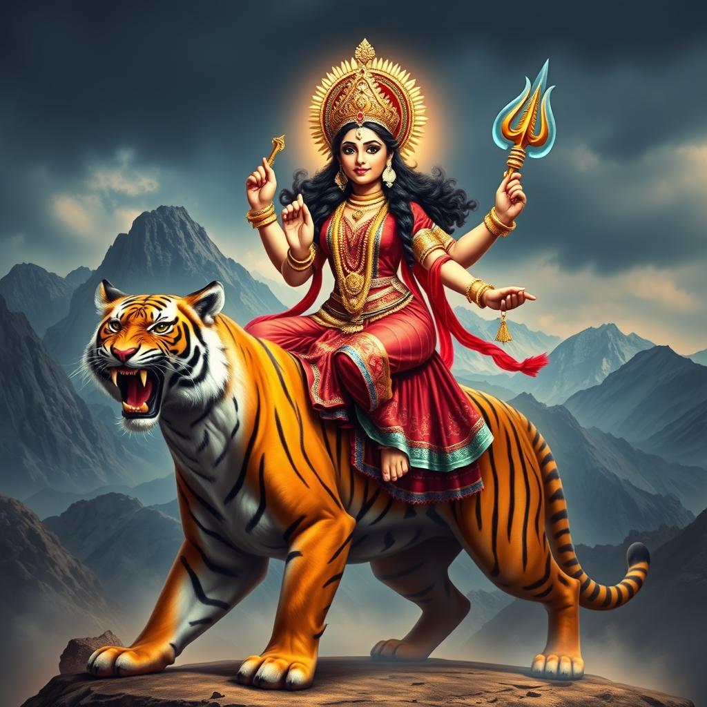 A formidable depiction of Goddess Durga riding a majestic tiger, showcasing her powerful aura