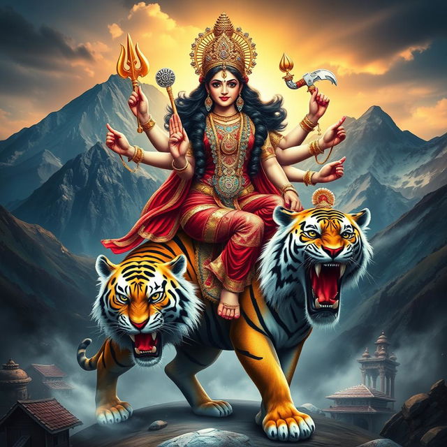 A formidable depiction of Goddess Durga riding a majestic tiger, showcasing her powerful aura