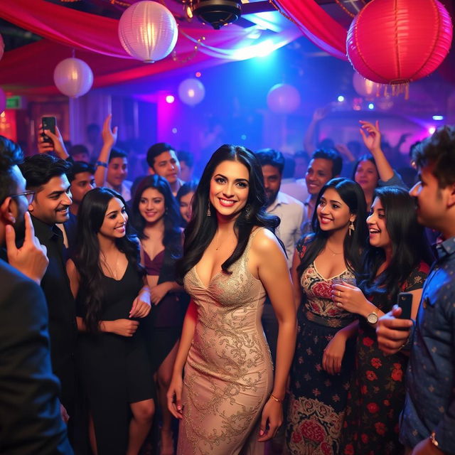 A lively Bollywood party scene where a glamorous Kriti Sanon is the center of attention, exuding confidence and charm