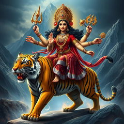 A formidable depiction of Goddess Durga riding a majestic tiger, showcasing her powerful aura