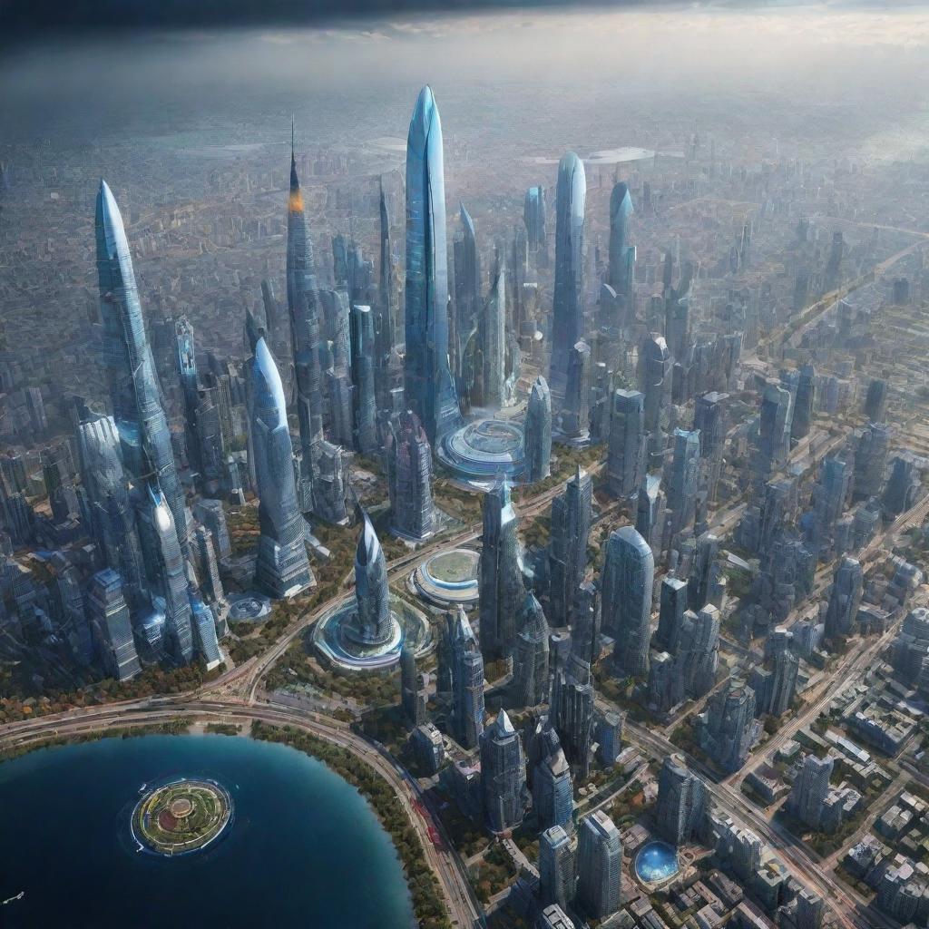 Visualize a futuristic cityscape in the year 6000, with ultra-advanced technology, cities among starts, universal exploration, and humanity coexisting with highly developed AI entities