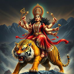 A formidable depiction of Goddess Durga riding a majestic tiger, showcasing her powerful aura