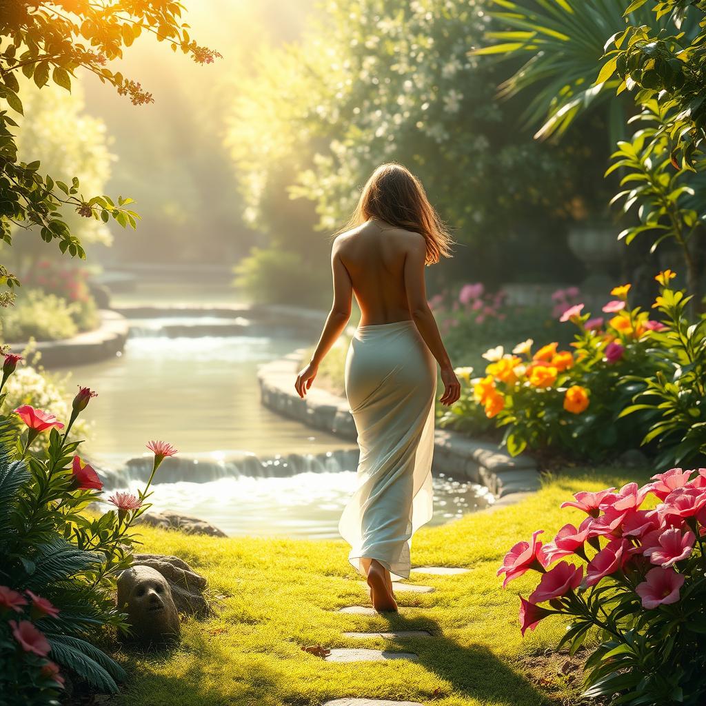 A serene and artistic interpretation of a figure gracefully walking through a beautifully lush garden, embodying the essence of natural beauty and freedom