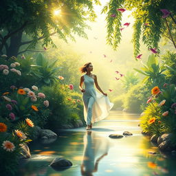 A serene and artistic interpretation of a figure gracefully walking through a beautifully lush garden, embodying the essence of natural beauty and freedom