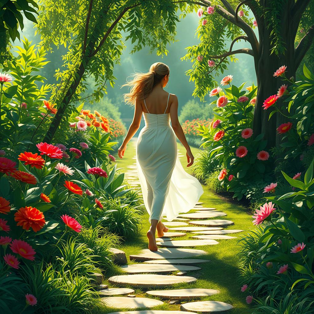 A serene and artistic interpretation of a figure gracefully walking through a beautifully lush garden, embodying the essence of natural beauty and freedom