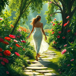 A serene and artistic interpretation of a figure gracefully walking through a beautifully lush garden, embodying the essence of natural beauty and freedom