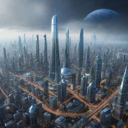 Visualize a futuristic cityscape in the year 6000, with ultra-advanced technology, cities among starts, universal exploration, and humanity coexisting with highly developed AI entities