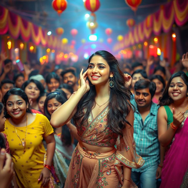 A dynamic and lively festival scene filled with excitement and energy, featuring Bollywood actress Alia Bhatt in a stunning outfit that highlights her confidence and charm