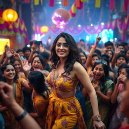 A dynamic and lively festival scene filled with excitement and energy, featuring Bollywood actress Alia Bhatt in a stunning outfit that highlights her confidence and charm