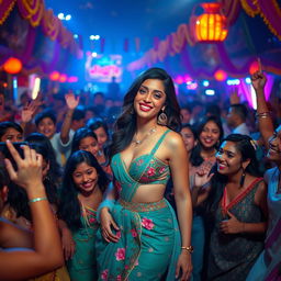 A dynamic and lively festival scene filled with excitement and energy, featuring Bollywood actress Alia Bhatt in a stunning outfit that highlights her confidence and charm