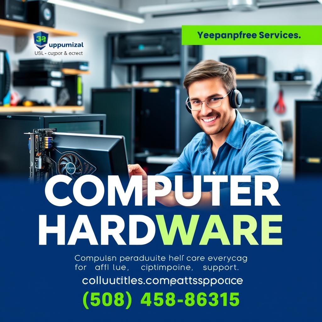 A visually engaging advertisement promoting computer support services specializing in hardware