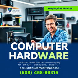 A visually engaging advertisement promoting computer support services specializing in hardware