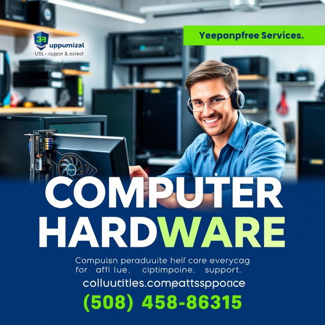 A visually engaging advertisement promoting computer support services specializing in hardware