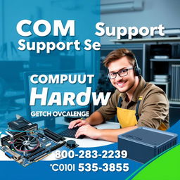 A visually engaging advertisement promoting computer support services specializing in hardware