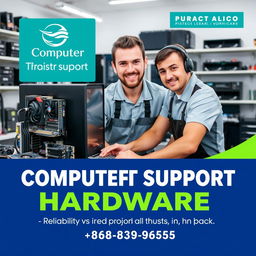 A visually engaging advertisement promoting computer support services specializing in hardware