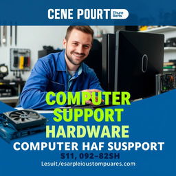 A visually engaging advertisement promoting computer support services specializing in hardware