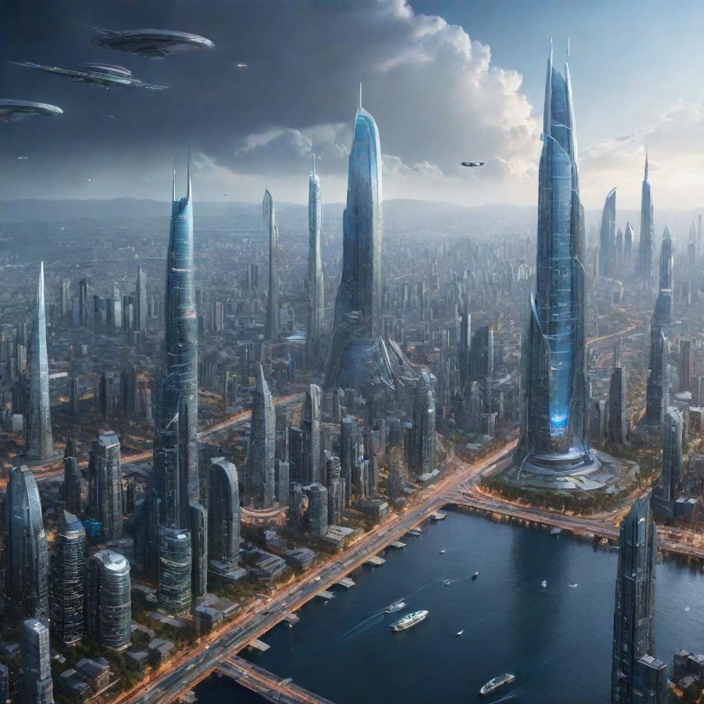 Visualize a futuristic cityscape in the year 6000, with ultra-advanced technology, cities among starts, universal exploration, and humanity coexisting with highly developed AI entities