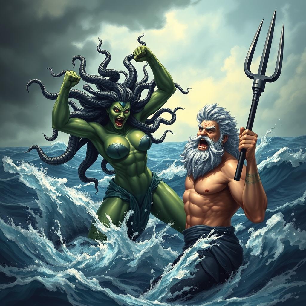 A dramatic scene depicting Medusa in a strong, fierce pose as she fights Poseidon