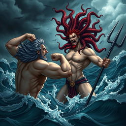 A dramatic scene depicting Medusa in a strong, fierce pose as she fights Poseidon