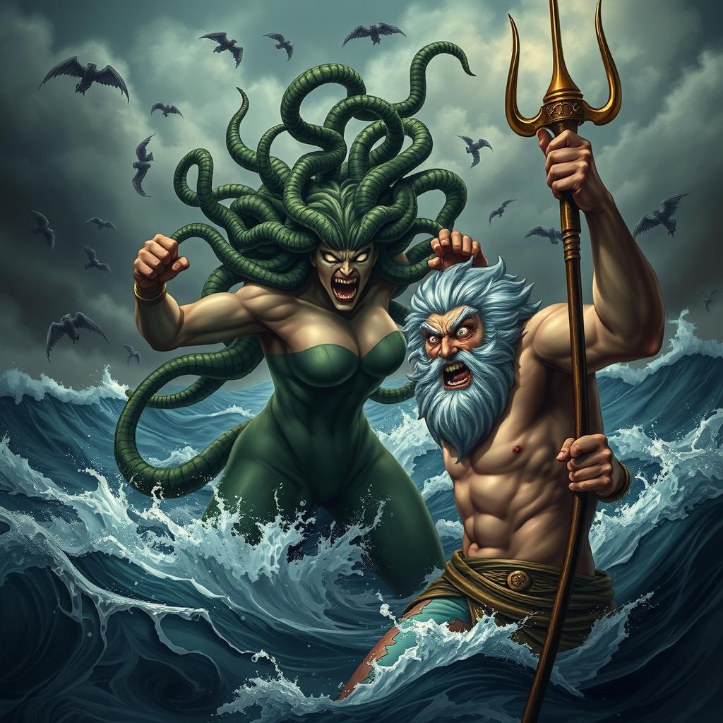 A dramatic scene depicting Medusa in a strong, fierce pose as she fights Poseidon