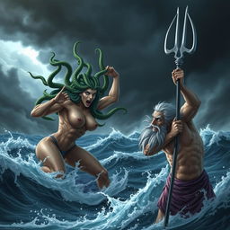 A dramatic scene depicting Medusa in a strong, fierce pose as she fights Poseidon