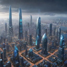 Visualize a futuristic cityscape in the year 6000, with ultra-advanced technology, cities among starts, universal exploration, and humanity coexisting with highly developed AI entities