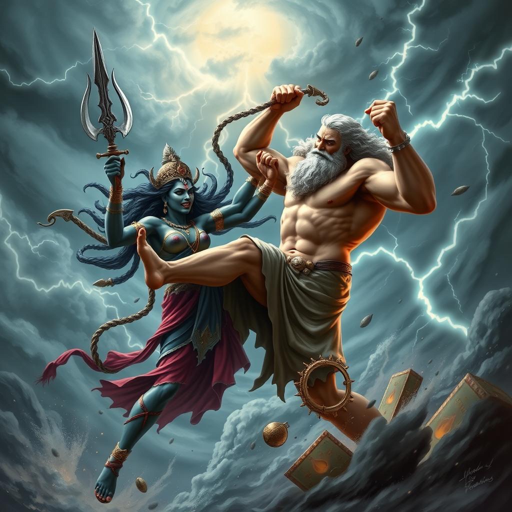 An epic showdown featuring Goddess Kali and Zeus, set in a dramatic stormy sky