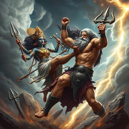 An epic showdown featuring Goddess Kali and Zeus, set in a dramatic stormy sky